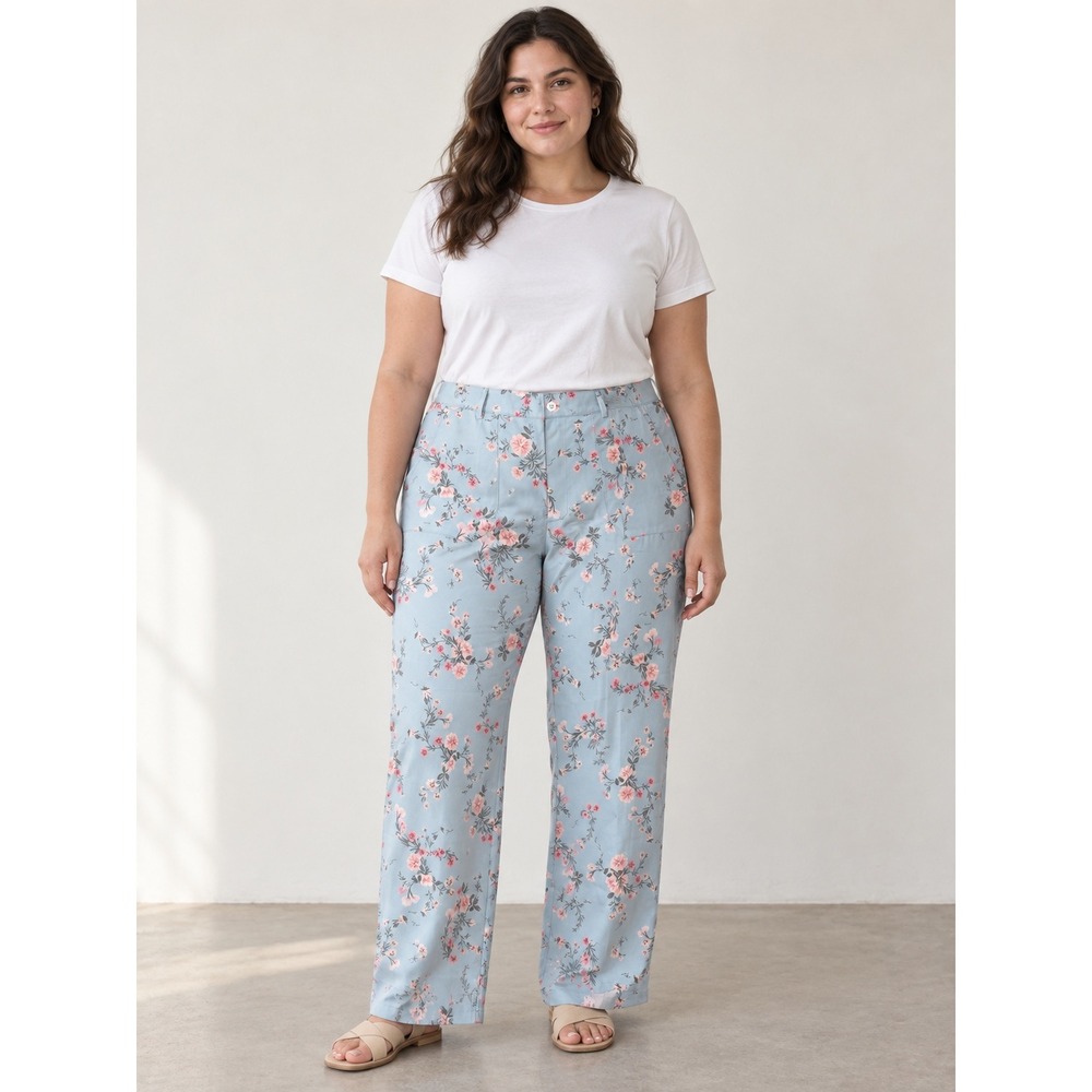 Women XL Light Blue Floral Straight Leg Trousers High Rise Pants